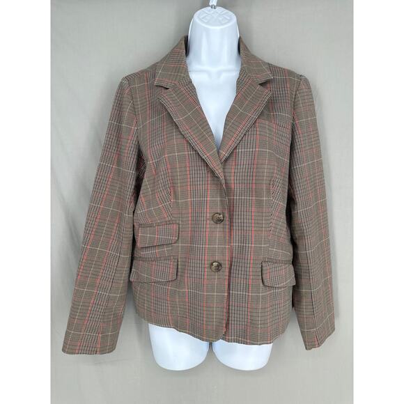 Vintage Jackets & Blazers - 90s Vintage Blazer Jacket Womens Large Beige Plaid Stretch Fitted Heritage Y2K